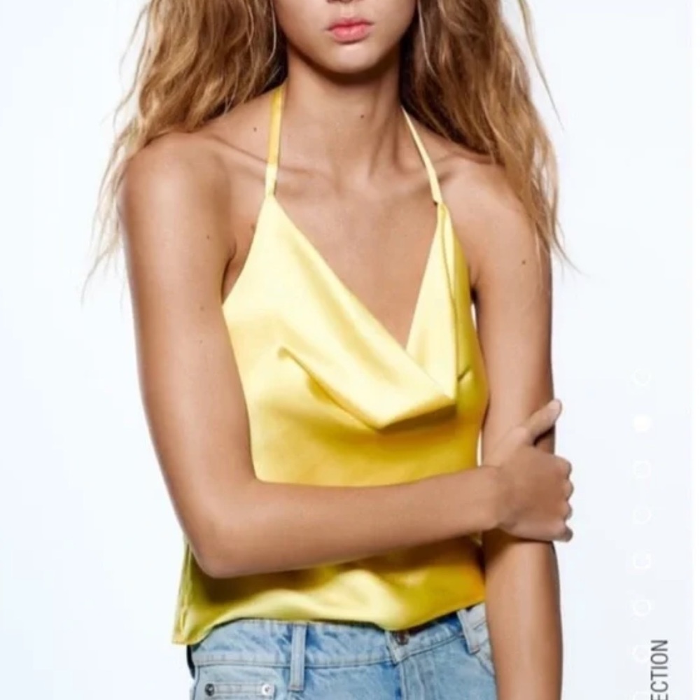ZARA SATIN COWL NECK HALTER TOP • never worn; no flaws. Yellow.